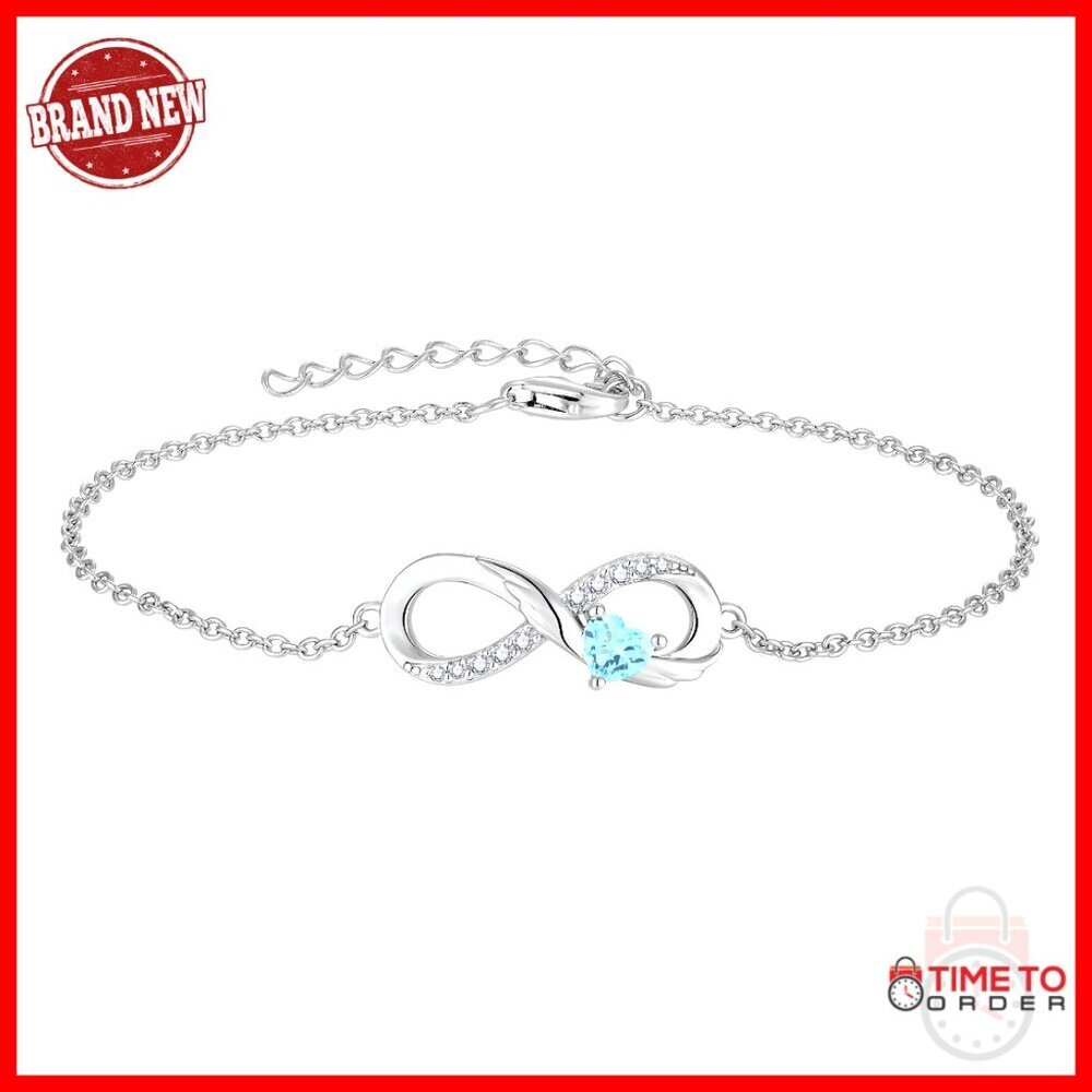 Sterling Silver Infinity Heart Angel Wings Birthstone Bracelet Adjustable